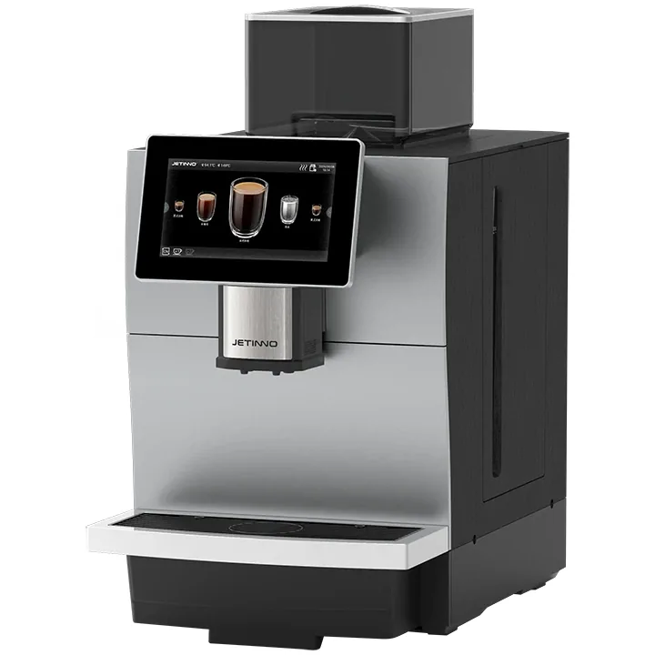 Cafetera profesional con pantalla para oficina, vista frontal